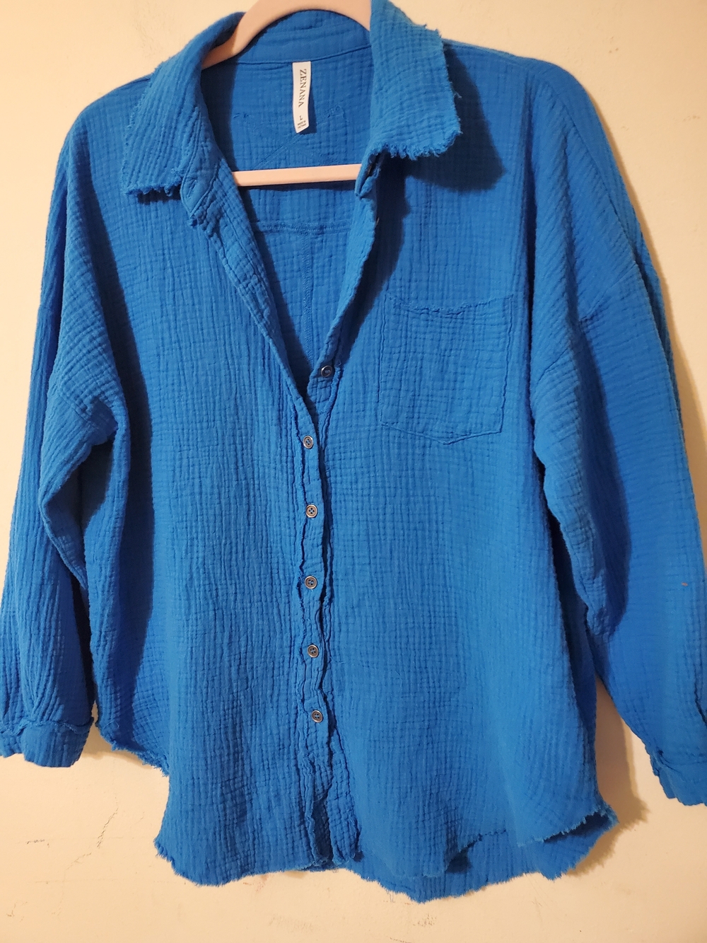 Textured Raw Edge Blue Button-Front Gauze Shirt Oversized Beach Cover Up - Picture 2 of 7